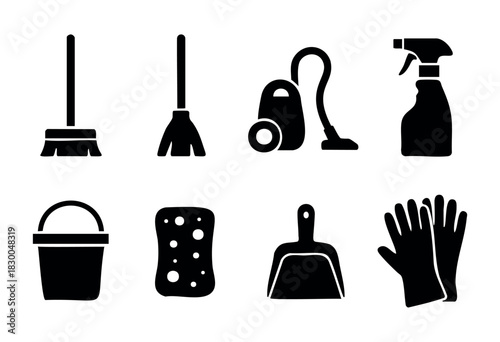 Cleaning and housekeeping solid icons — broom, vacuum cleaner, spray bottle, gloves — stock vector.