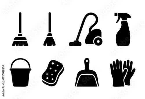 Cleaning and housekeeping solid icons — broom, vacuum cleaner, spray bottle, gloves — stock vector.