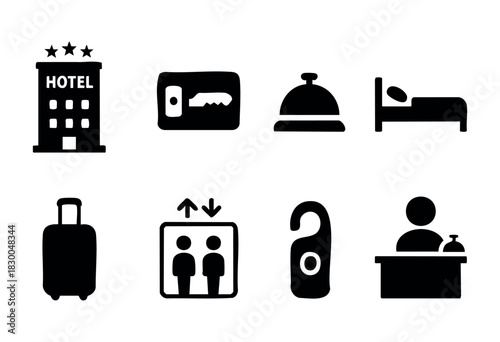 Hotel and hospitality service solid icons — key, bell, bed, luggage, reception — stock vector.