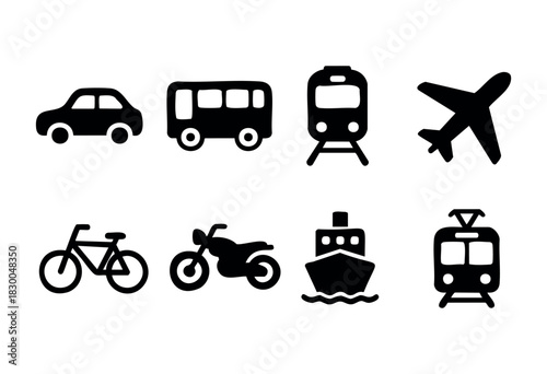 Public and private transportation solid icons — car, bus, train, airplane, ship — stock vector.
