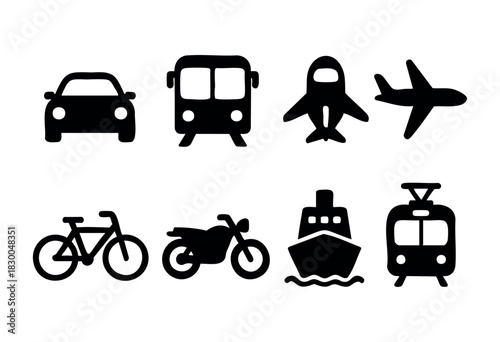 Public and private transportation solid icons — car, bus, train, airplane, ship — stock vector.