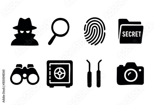Spy and private investigation solid icons — detective, magnifying glass, fingerprint, secret folder — stock vector.