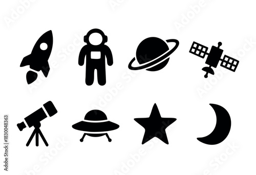 Space exploration and astronomy solid icons — rocket, astronaut, planet, satellite, ufo — stock vector.