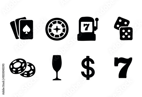 Casino and gambling solid icons — playing cards, roulette, slot machine, dice — stock vector.
