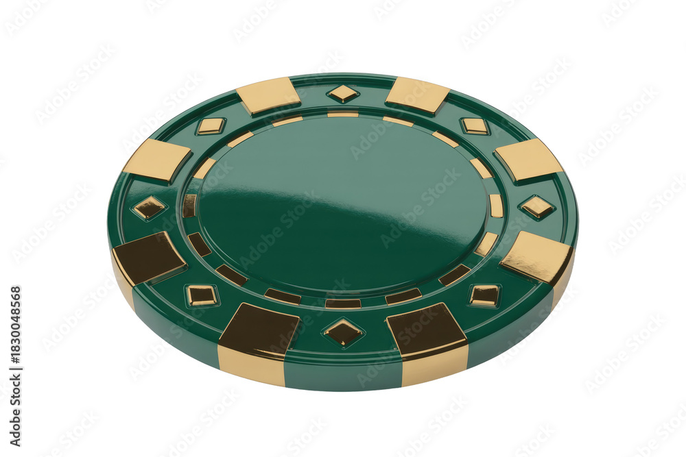 Naklejka premium A luxurious dark green casino chip with gleaming gold accents and an empty center, presented on a matching transparent background. background removed