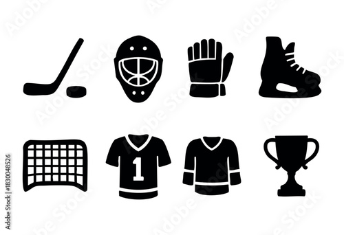 Ice hockey solid icons — stick, puck, goalie mask, skate, trophy — stock vector.