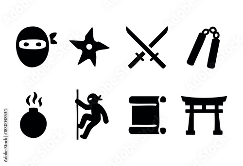 Ninja and martial arts solid icons — ninja mask, shuriken, katana swords, nunchucks — stock vector.