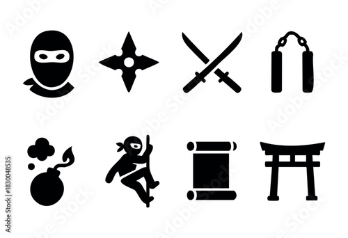 Ninja and martial arts solid icons — ninja mask, shuriken, katana swords, nunchucks — stock vector.
