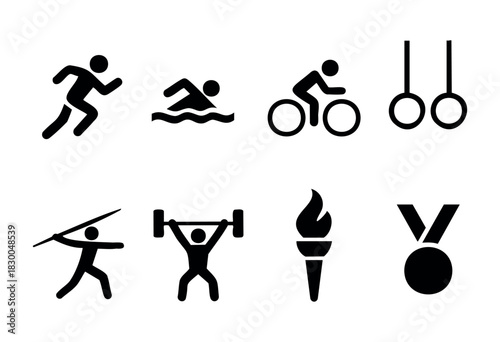 Athletics and Olympic sports solid icons — running, swimming, cycling, weightlifting, medal — stock vector.