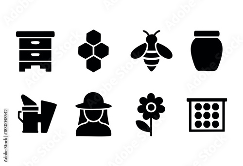 Beekeeping and honey production solid icons — beehive, honeycomb, bee, honey jar — stock vector.