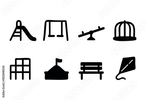 Kids playground equipment solid icons — slide, swings, seesaw, sandbox — stock vector.