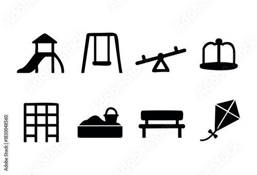 Kids playground equipment solid icons — slide, swings, seesaw, sandbox — stock vector.