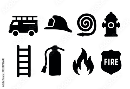 Firefighting and emergency service solid icons — fire truck, helmet, hose, extinguisher — stock vector.