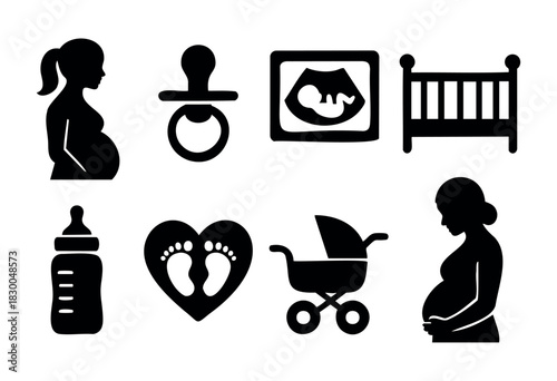 Pregnancy and maternity solid icons — pregnant woman, ultrasound, crib, stroller — stock vector.