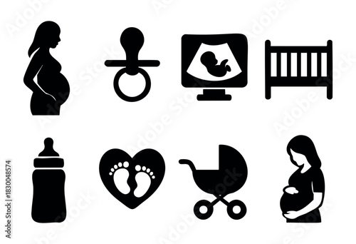 Pregnancy and maternity solid icons — pregnant woman, ultrasound, crib, stroller — stock vector.