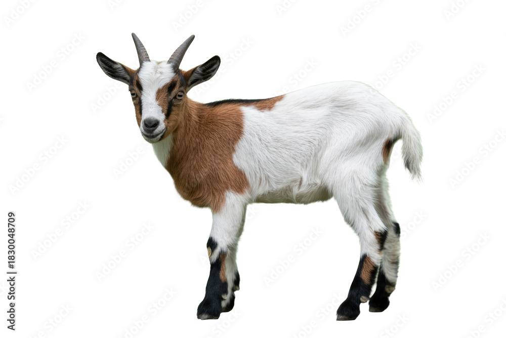 Fototapeta premium A cute young goat kid with brown and white fur and small horns stands playfully, a clear, high-quality cutout of the adorable animal. background removed