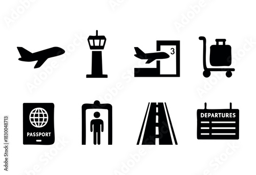 Airport and travel solid icons — airplane, control tower, passport, luggage — stock vector.