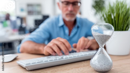 Hourglass with flowing sand representing time management in a professional office setting