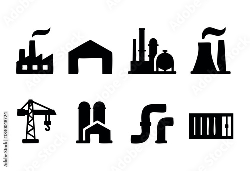 Industrial factory and plant solid icons — factory building, refinery, power plant, crane — stock vector.