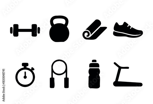Gym and fitness equipment solid icons — dumbbell, kettlebell, treadmill, stopwatch — stock vector.