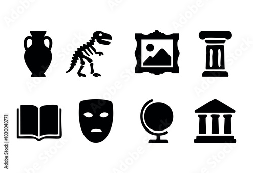 Museum and history solid icons — dinosaur skeleton, artifact, art gallery, ancient column — stock vector.