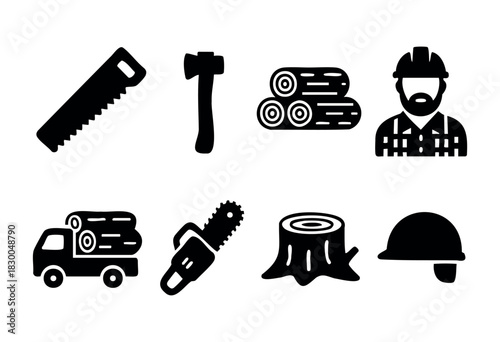 Lumberjack and logging industry solid icons — axe, chainsaw, logs, woodcutter — stock vector.