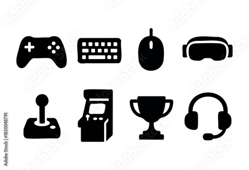Gaming and esports solid icons — controller, keyboard, VR headset, arcade machine — stock vector.