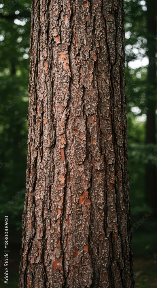 Obraz premium The deeply textured bark of a monumental tree trunk, known as the bole, dominates the frame, emphasizing age and strength in the forest setting, habitat, botany, ecosystem