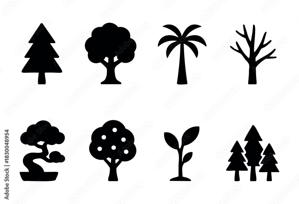 Naklejka premium Tree types solid icons — pine, oak, palm, bonsai, and other tree varieties — stock vector.