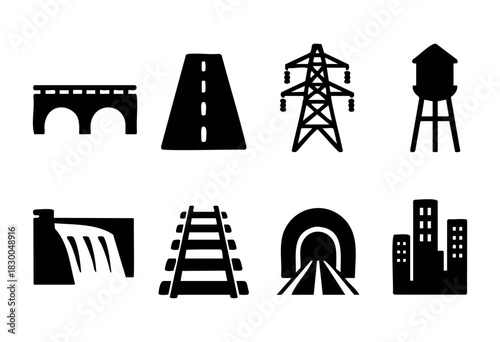 Public infrastructure solid icons — bridge, road, power line, railway, dam — stock vector.