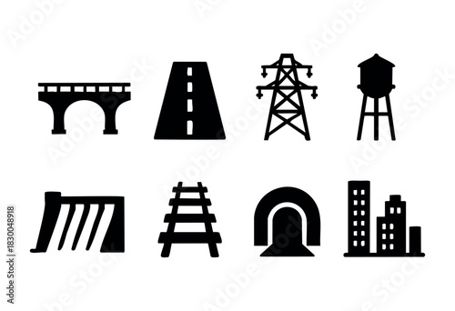 Public infrastructure solid icons — bridge, road, power line, railway, dam — stock vector.