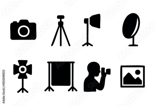 Photography studio equipment solid icons — camera, tripod, studio light, reflector — stock vector.