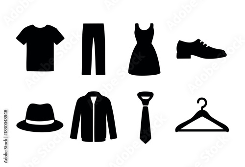 Clothing and apparel solid icons — t-shirt, pants, dress, jacket, shoes — stock vector.