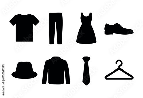 Clothing and apparel solid icons — t-shirt, pants, dress, jacket, shoes — stock vector.