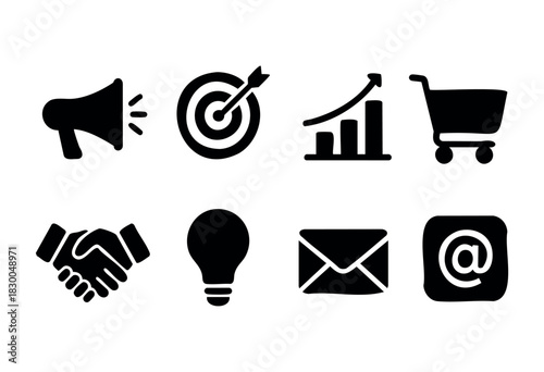 Digital marketing solid icons — target, analytics, e-commerce, email marketing — stock vector.