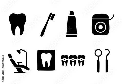 Dentistry and dental care solid icons — tooth, toothbrush, dentist chair, braces — stock vector.
