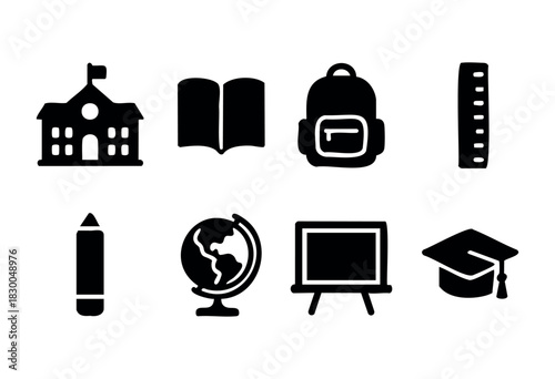 School and education solid icons — school building, book, backpack, graduation cap — stock vector.