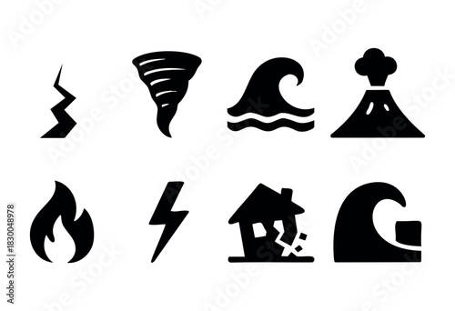 Natural disasters solid icons — tornado, tsunami, volcano, earthquake — stock vector.