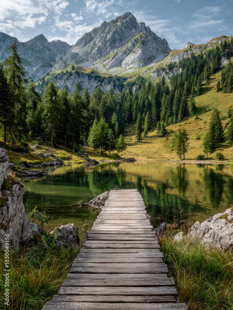 Fototapeta premium Serene wooden pier extending over a calm mountain lake surrounded by lush evergreen trees and rugged peaks under a partly cloudy sky