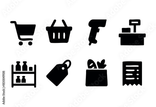 Supermarket and shopping solid icons — cart, basket, barcode scanner, receipt — stock vector.