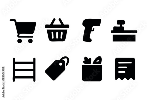 Supermarket and shopping solid icons — cart, basket, barcode scanner, receipt — stock vector.