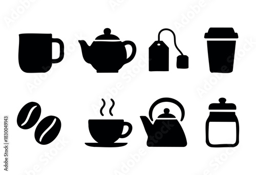 Coffee and tea solid icons — mug, teapot, coffee beans, kettle, teacup — stock vector.