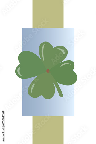 Green four‑leaf clover bright vector illustration  with glossy highlights placed on  blue and  beige , isolated on white background, symbol of good luck and St. Patrick’s Day