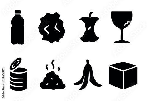 Garbage and waste types solid icons — plastic bottle, food scraps, broken glass, tin can — stock vector.