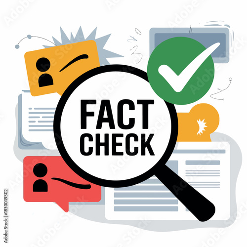 Magnifying glass examines the concept of fact-checking and verification.