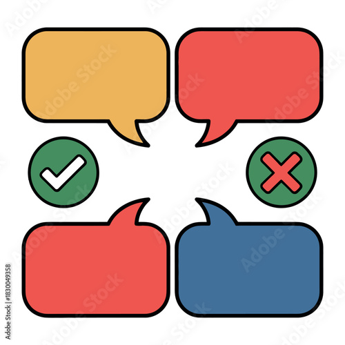 Four colorful speech bubbles and checkmark/cross symbols for communication concepts