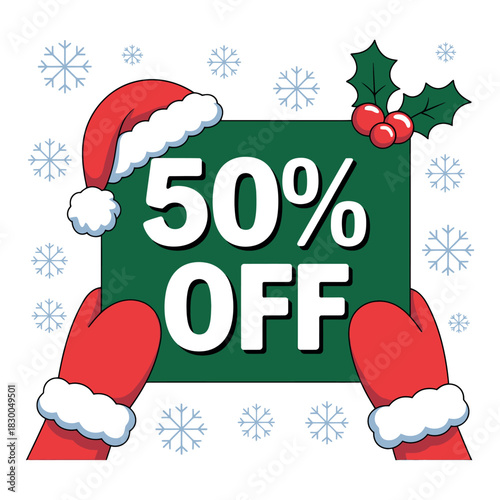 Christmas sale sign announces 50% off with Santa hat and mittens.