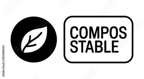 A black circle icon with a white leaf symbol and a rounded rectangle with the text "COMPOSTABLE" represent eco-friendly materials.