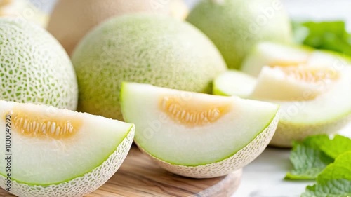 Sweet Melon Delight: A refreshing composition of honeydew melons, some whole, others sliced to reveal juicy flesh, accompanied by fresh green leaves. An ode to summer's sweetest treasures.