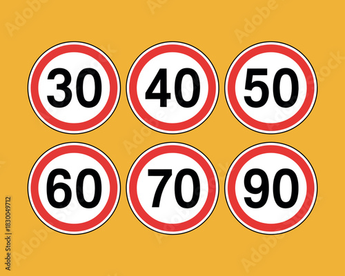 Set of six circular speed limit signs showing numbers from 30 to 90